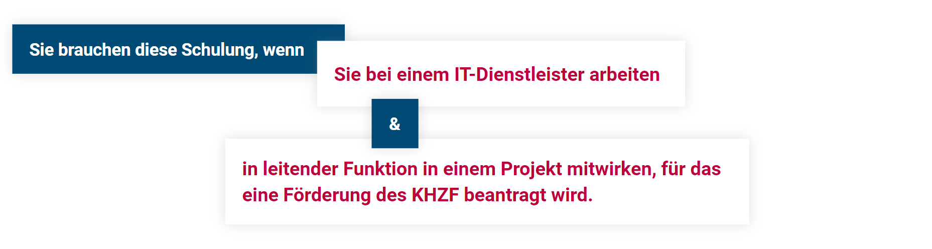 Grafik mit Text "Sie brauchen diese Schulung, wenn… Sie bei einem IT-Dienstleister arbeiten & Sie in leitender Funktion in einem Projekt mitwirken, für das eine Förderung aus dem KHZF beantragt wird." Grafik mit Text "Sie brauchen diese Schulung, wenn… Sie bei einem IT-Dienstleister arbeiten & Sie in leitender Funktion in einem Projekt mitwirken, für das eine Förderung aus dem KHZF beantragt wird."